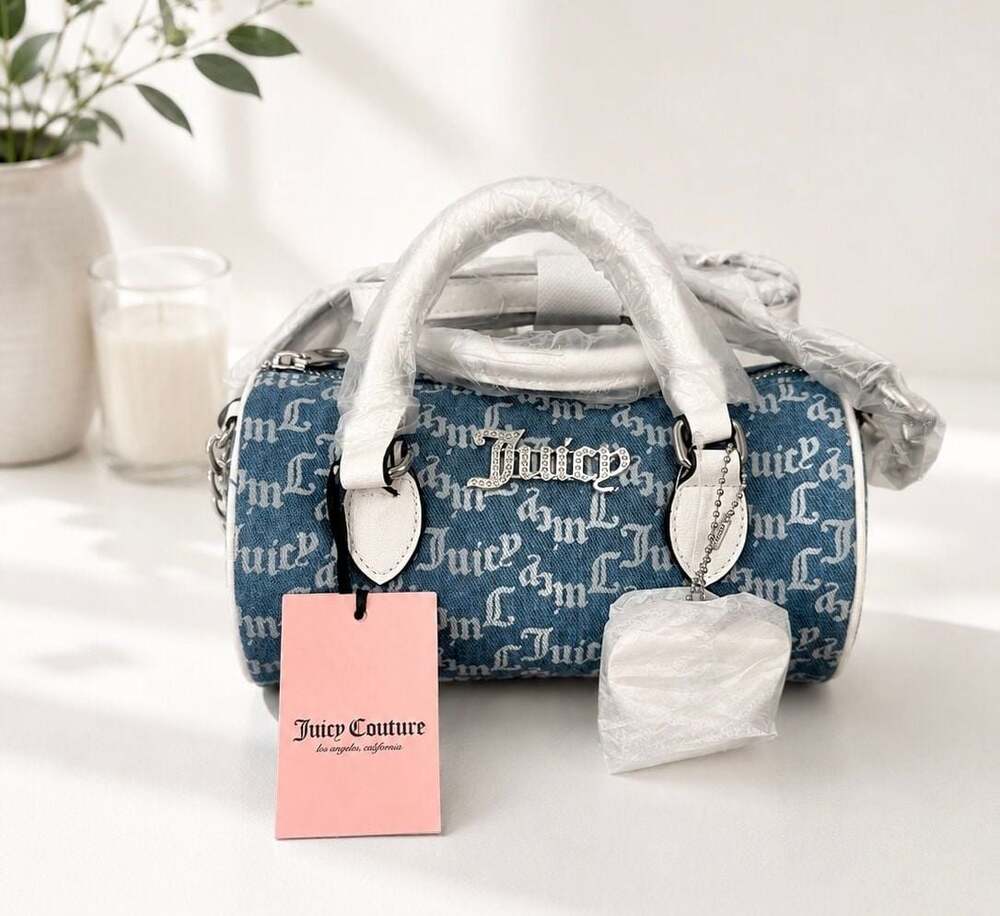 Juicy Couture Denim Monogram Barrel Bag with Rhinestone Logo